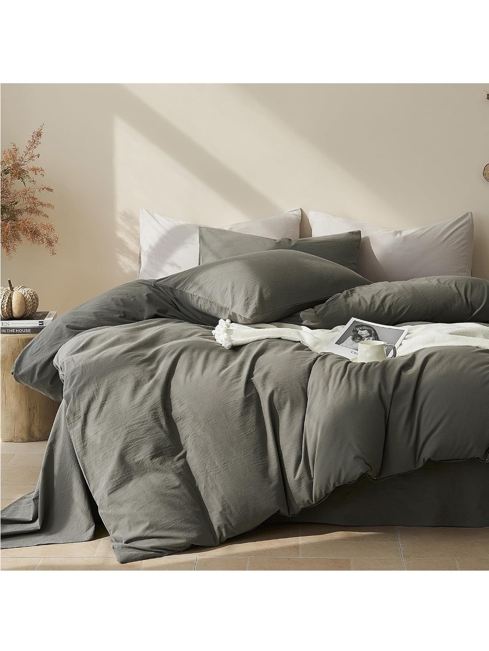 NEW JELLYMONI 100% Washed Cotton Duvet Cover Set, Linen-Like Texture. King.